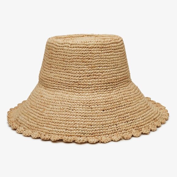 New Wyeth Lacey Raffia Crochet Scalloped Edge Natural Bucket Straw Hat NWT - Picture 1 of 16